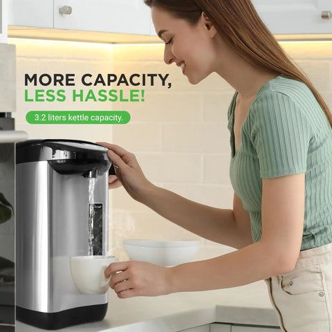 Woman using Insulated Stainless Steel Hot Water Urn With Auto And Manual Dispense, Electric Boiler in kitchen, 3.38 Qt capacity