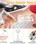 Waterproof Shoe Glue Kit For Sole Repair With Slow Drying Adhesive For Sneakers Boots Leather Bags And Heels Fix, tube and tools on table.