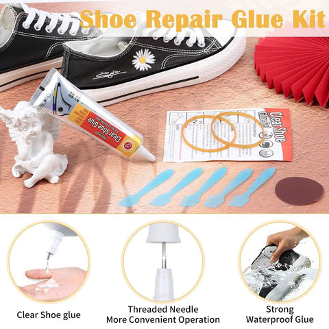 Waterproof Shoe Glue Kit For Sole Repair With Slow Drying Adhesive For Sneakers Boots Leather Bags And Heels Fix, tube and tools on table.