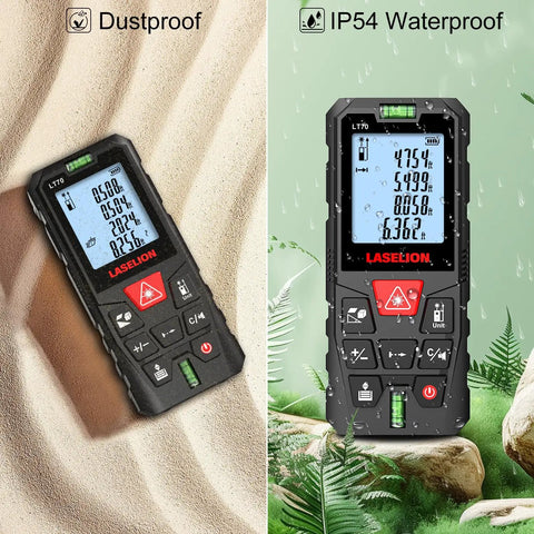 Heavy Duty Laser Measure Tool With Dead On Precision And 229 Foot Range Featuring Dual Bubble Levels LCD Display IP54 Waterproof Rating For Hassle Free Distance Area And Volume Measurements On Any Project