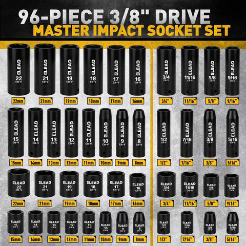 96 Piece Three Eighths Inch Drive Impact Socket Set With SAE Five Sixteenths To Three Quarters Inch And Metric Eight To Twenty Two Mm Sockets Standard And Deep, Ratchet Handle, Bit Set, Universal Joint, Extension Bar, Adapters, And Spark Plug Sockets, chrome vanadium