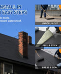 Rock Solid Heavy Duty EPDM Rubber Roofing Roll Featuring Butyl Self Adhesive Foolproof Peel And Install Design For Flat Or Camper Roofs 51 Mil Thick Flexible Waterproof installation steps on a roof with a chimney.