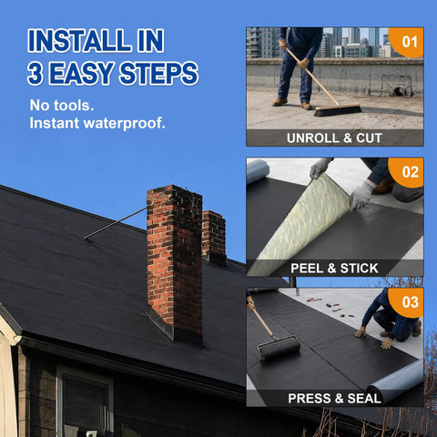 Rock Solid Heavy Duty EPDM Rubber Roofing Roll Featuring Butyl Self Adhesive Foolproof Peel And Install Design For Flat Or Camper Roofs 51 Mil Thick Flexible Waterproof installation steps on a roof with a chimney.