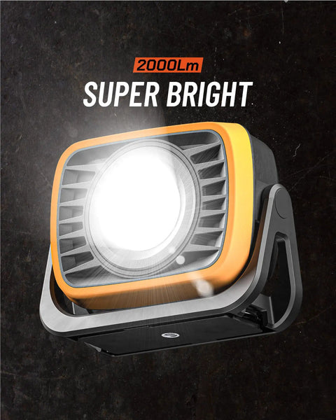 Beast Bright 2000 Lumen Rechargeable LED Work Light With 8000mAh Power Bank, emitting bright light, on a dark background.
