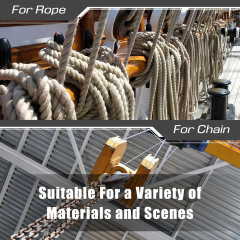 Close-up of coiled ropes and chains on a ship deck, showcasing versatility in handling various materials and scenes.