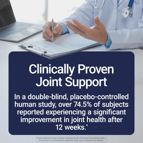 Clinically proven joint support benefits study details with doctor in background and text focus on improvement statistics.