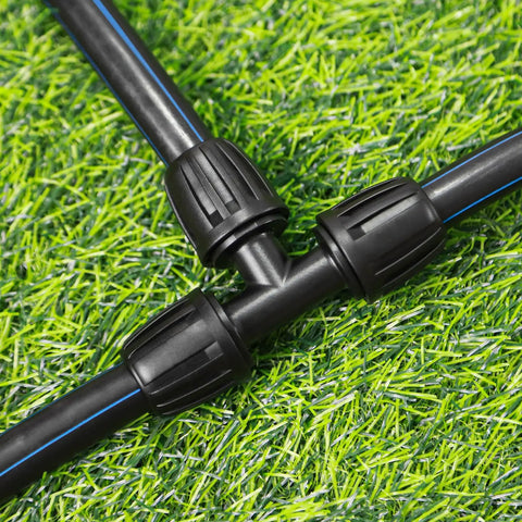 Rock Solid 10 Pack Half Inch Drip Irrigation Tee Fittings With Barbed Lock Nut T Connectors for no sweat garden tubing hookup on grass.