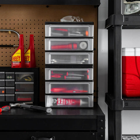 Stacking Desk Top 3 Drawer Storage Organizer, 2 Pack, showcasing various tools neatly arranged in a garage setting, Black