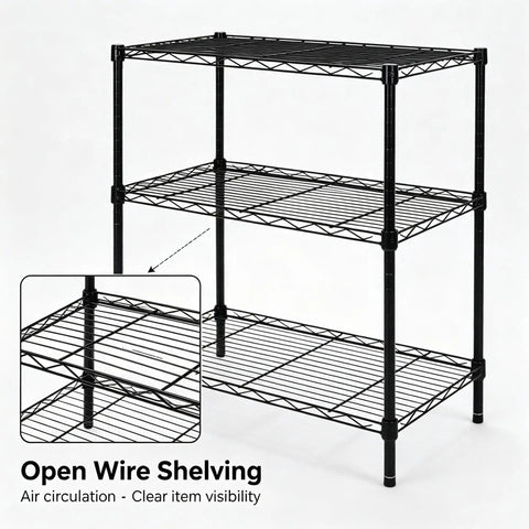 Heavy Duty 3 Tier Wire Shelving Rack, Adjustable Freestanding Storage Organizer, open wire design for clear item visibility.