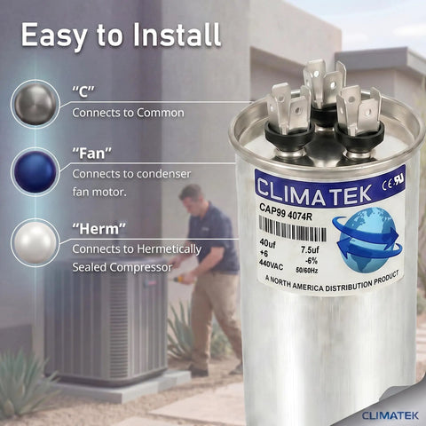 Upgraded Round HVAC Capacitor Replacement For Carrier Bryant Payne Systems Easy Install Durable High Performance Capacitor For Residential Furnaces And Air Conditioning Units Fits Most Standard HVAC Setups silver round capacitor with three terminals