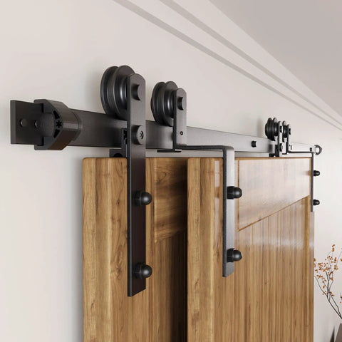 Black Rustic Single Track Bypass Sliding Barn Door Hardware Kit For Two Doors 5ft Long Flat Track With Straight Rollers Easy Install Heavy Duty Steel Farmhouse Style