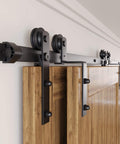 Rustic Black Single Track Bypass Sliding Barn Door Hardware Kit For Double Doors 18 Foot Flat Track With Straight Rollers Easy Install