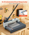 Heavy Duty Manual Plate Shear 12 Inch Guillotine Sheet Metal Cutter For Steel Aluminum Copper Plastic PCB Boards Precision Hand Tool on workbench.