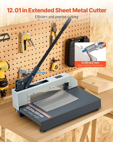 Heavy Duty Manual Plate Shear 12 Inch Guillotine Sheet Metal Cutter For Steel Aluminum Copper Plastic PCB Boards Precision Hand Tool on workbench.