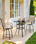 All Weather Outdoor Bar Stools Set Of 2, Counter Height Swivel Chairs by a patio table on a sunny garden patio