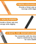 Heavy Duty Trench Shovel For Digging With 56 Inch Orange Fiberglass Handle And Narrow Spade, features highlighted handle details.