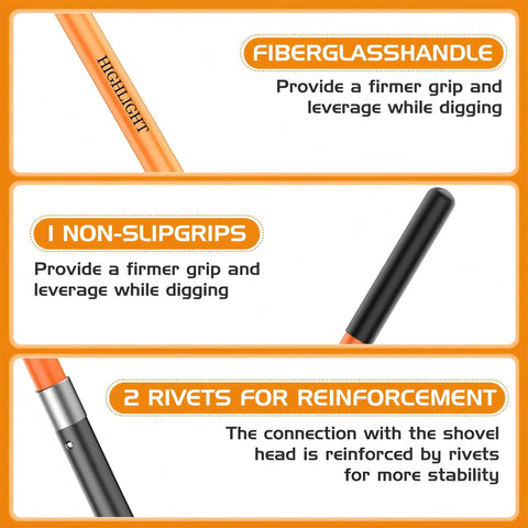 Heavy Duty Trench Shovel For Digging With 56 Inch Orange Fiberglass Handle And Narrow Spade, features highlighted handle details.