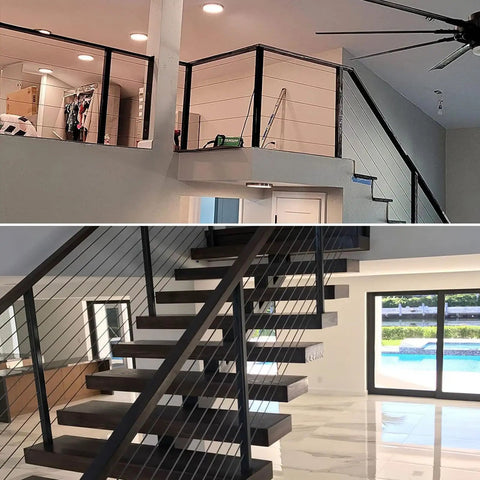Pro Grade Black Stainless Steel Cable Railing For Outdoor Decks Features Slick 1/8 Inch 7X7 Strand Wire With Rust Resistant Coating And Heavy Duty Cable Cutter Included For Smooth Custom Setup Over Four Hundred Feet Of Fencing, showcasing modern interior railing.