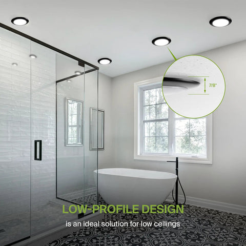 Bathroom with Six Pack 4 Inch LED Disk Lights, 10W, 5 CCT Tunable 2700K to 5000K, 685 Lumens, 1/8 inch low profile ceiling mount