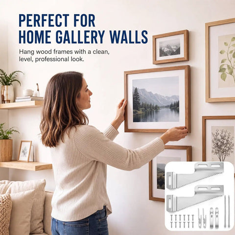 Ten Set Picture Hanging Kit For Wood Frames With Heavy Duty Self Leveling Sawtooth Hangers, Includes Wall Hooks, Nails And Screws For Quick Easy Wall Mounting, Slotted Holes For Balanced, Secure Frame Install. woman hanging wood gallery frames with sawtooth hangers