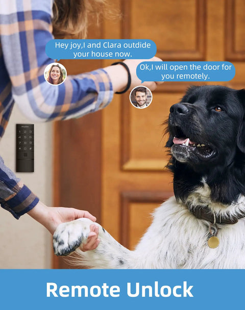 Bluetooth Enabled Smart Door Lock With Keyless Entry, remote unlock feature shown with person and dog at front door
