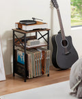 Record Player Stand With Built In Charging Station And Storage Cabinet, 3 Tier End Table for Vinyl Records, Rustic Brown