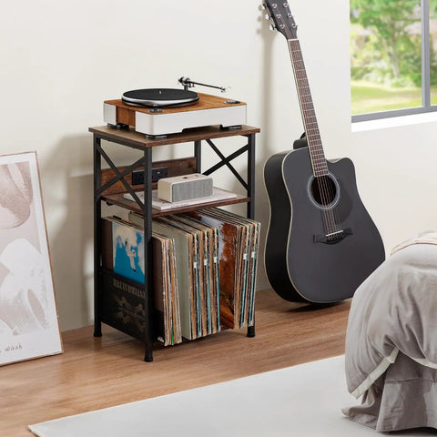 Record Player Stand With Built In Charging Station And Storage Cabinet, 3 Tier End Table for Vinyl Records, Rustic Brown