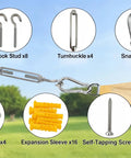 Rugged 304 Stainless Steel Sun Shade Sail Hardware Kit With 4 Turnbuckle Hooks And 16 Screws Plus Expansion Tubes For Canopy Tent Awning Install M6 Built To Beat Rust And Make Outdoor Setup A Breeze, installed on wood post