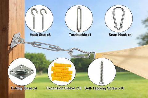 Rugged 304 Stainless Steel Sun Shade Sail Hardware Kit With 4 Turnbuckle Hooks And 16 Screws Plus Expansion Tubes For Canopy Tent Awning Install M6 Built To Beat Rust And Make Outdoor Setup A Breeze, installed on wood post