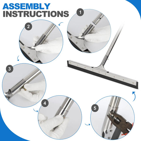 Assembly instructions for Heavy Duty 55 Inch Floor Squeegee With Wide 22 Inch Silicone Blade And Sturdy Steel Handle.