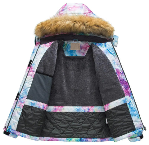 Interior view of Women's Winter Ski Parka Hooded Jacket Waterproof Snow Mountain Coat With 240g Down Alternative Insulation showing lining and hood.