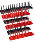 Six Piece Socket Organizer Set For SAE And Metric Sockets, Fits Quarter Inch, Three Eighths Inch, And Half Inch Drive Sockets - Red Black Trays