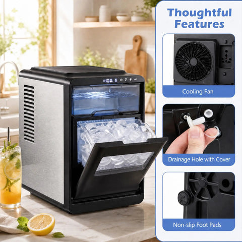 Compact Counter Top Ice Cube Machine Whips up 16 Crisp Crescent Cubes in Just 15 Mins with cooling fan and drainage feature.