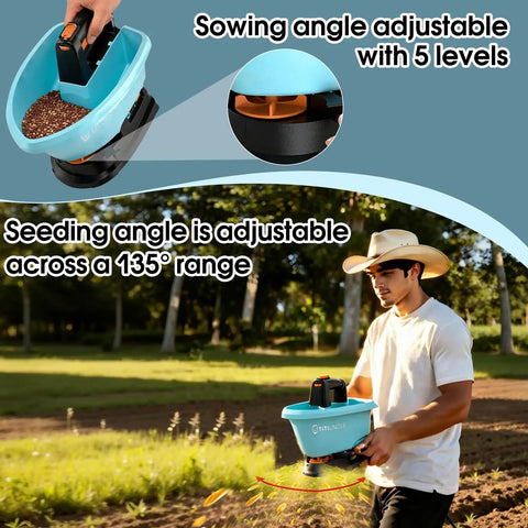Man using Handheld Electric Seed Spreader For Lawns Cordless 3L Capacity With 7.2V Battery 135 Degree Spread Angle in a garden