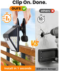 No Sweat Clip On Solar Lights Outdoor showcasing easy 1-second clip installation on a railing compared to drilling.
