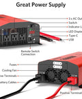 Badass 2000 Watt Pure Sine Wave Power Inverter Converts 12V DC To 110V AC For Rvs Trucks And Homes With Three AC Outlets and USB ports.