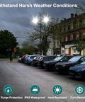 LED Parking Lot Light 150W, 100W, 75W Adjustable illuminating a cloudy parking area with waterproof features visible