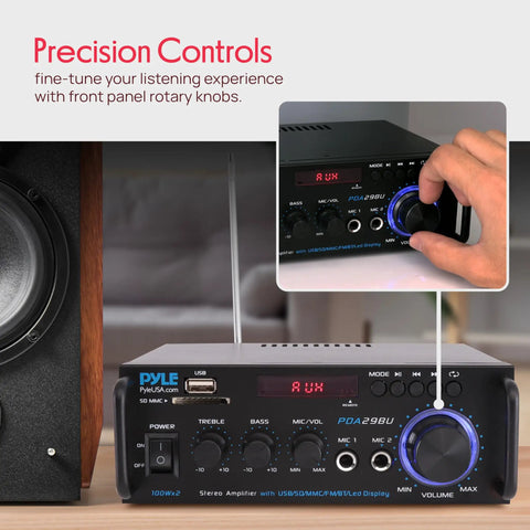 Compact 200W Bluetooth Power Amplifier For A 2 Channel Home Stereo Setup With Karaoke Ready Dual Mic Input RCA USB A And SD Card MP3 Player FM Radio AUX In And Remote Control, front panel view showing control knobs and display.