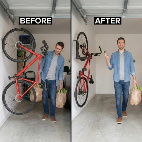 Swivel Wall Bike Rack Mount For Garage Storage Heavy Duty 3mm Steel Bicycle Hanger With Adjustable Arm in use before and after installation.
