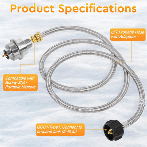 Image of Six Foot Propane Heater Hose With High Efficiency Fuel Filter For Portable Heaters Compatible With Buddy Style Units And Five To Forty Pound Propane Tanks Detachable Filter Stainless Steel Construction
