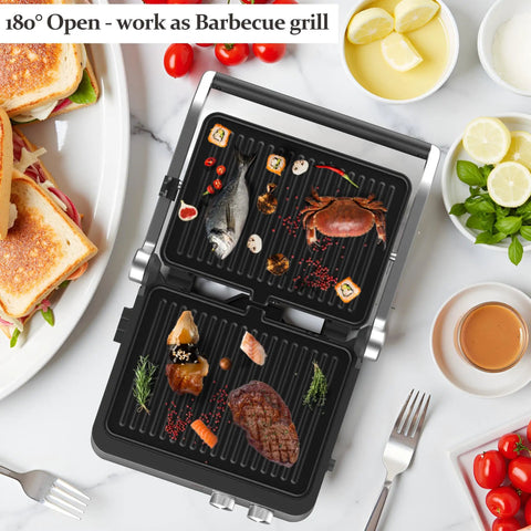 4 Slice Panini Press Contact Grill With Removable Non Stick Coated Plates Temperature Control Timer And Open 180 Degree Design For Cooking Sandwiches Steaks Sausages Quesadillas Half Black Stainless Steel Finish cooking seafood and steak on open grill