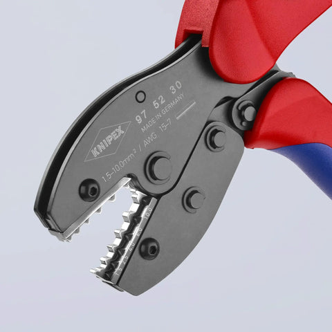 Close-up of Five Position Non Insulated Wire Crimping Pliers For DIN 46267 Connectors showing jaws and ergonomic grip