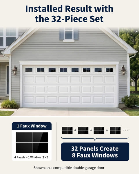 Installed 32 Piece Magnetic Faux Window Panels For Steel Garage Doors, 6x4 Inch Each, Glossy Realistic Look, Two Car Garage