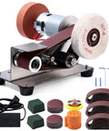 Super Slick Mini Belt Sander With Seven Adjustable Speed Settings For Knife Sharpening And Woodworking Or Light Metal Grinding No Fuss Compact Power Tool, showcasing parts and accessories.