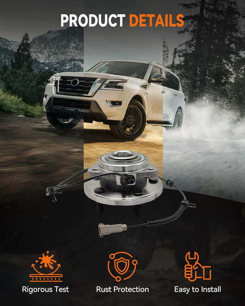 Front Wheel Bearing Hub Assembly Set 513234 For Jeep Grand Cherokee 2005 2010 And Jeep Commander 2006 2010 5 Lug With Abs Direct Fit OE Compatible 52089434AB 52089434AC 52089434AD 52089434AE High Quality Beefy Aftermarket Replacement product on display with SUV in background