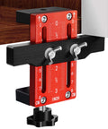 One Hand Hinge Installation Jig For Cabinet Doors A DIY Friendly Drilling Guide For Concealed Hinges Cabinet Door Positioner And Mounting Tool That Keeps Doors Stable And Aligned No More Slips During Quick Precise Hinge Hole Drilling And Solo, adjustable red and black aluminum steel jig on cabinet panel