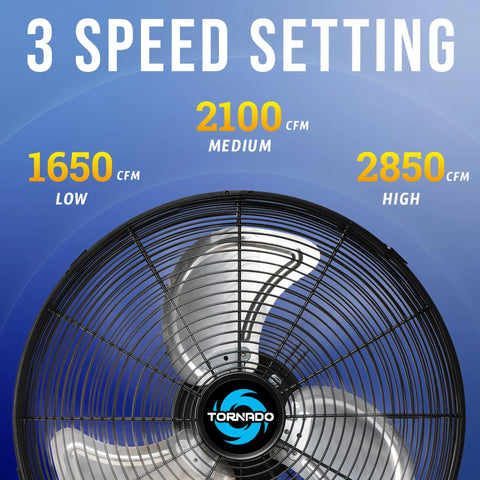 16 Inch Pro Series Oscillating Wall Mount Fan showing 3-speed settings for industrial and commercial use