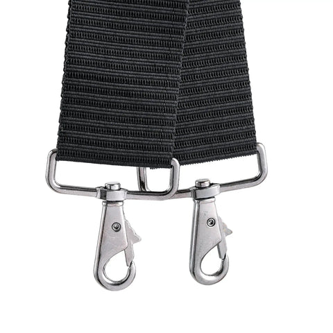 Close-up of clips on ballistic tool belt with suspenders, professional series for heavy duty work, adjustable rigging system.