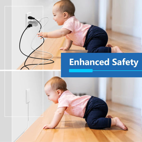 Slick Low Profile Flat Face Outlet Extender With Three Receptacles And Three Foot Power Cord Ultra Thin Build shown in use, minimizing cord clutter near a crawling baby.