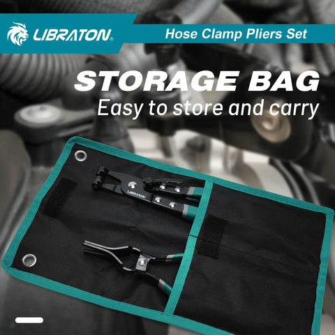 2-piece LIBRATON hose clamp pliers set with swivel pliers, black with teal trim, in storage pouch